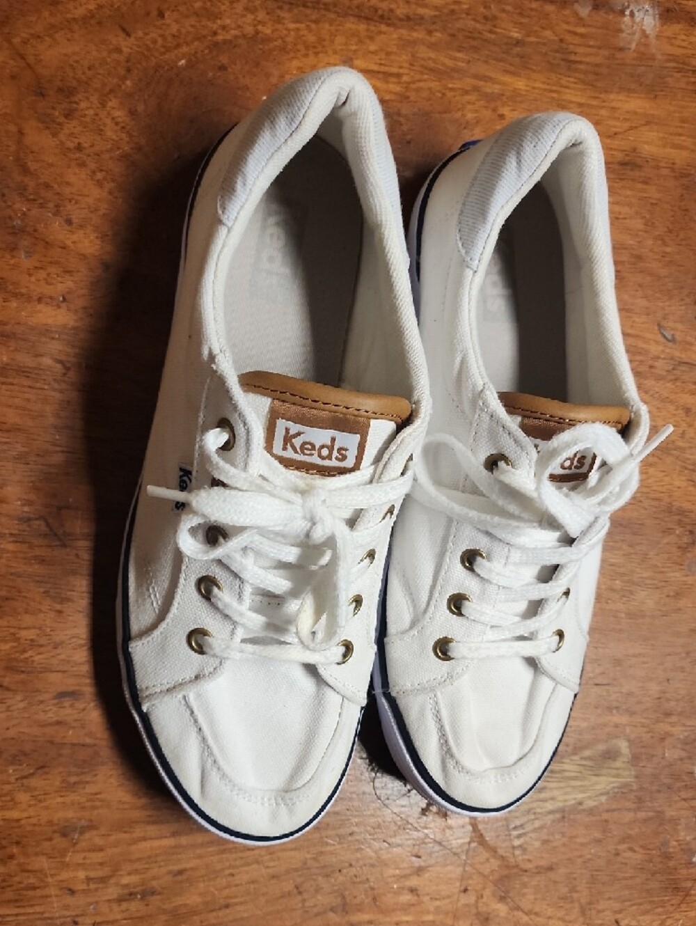 Keds White Canvas Sneakers with Tan Logo Patch and Navy Trim - Picture 2 of 4